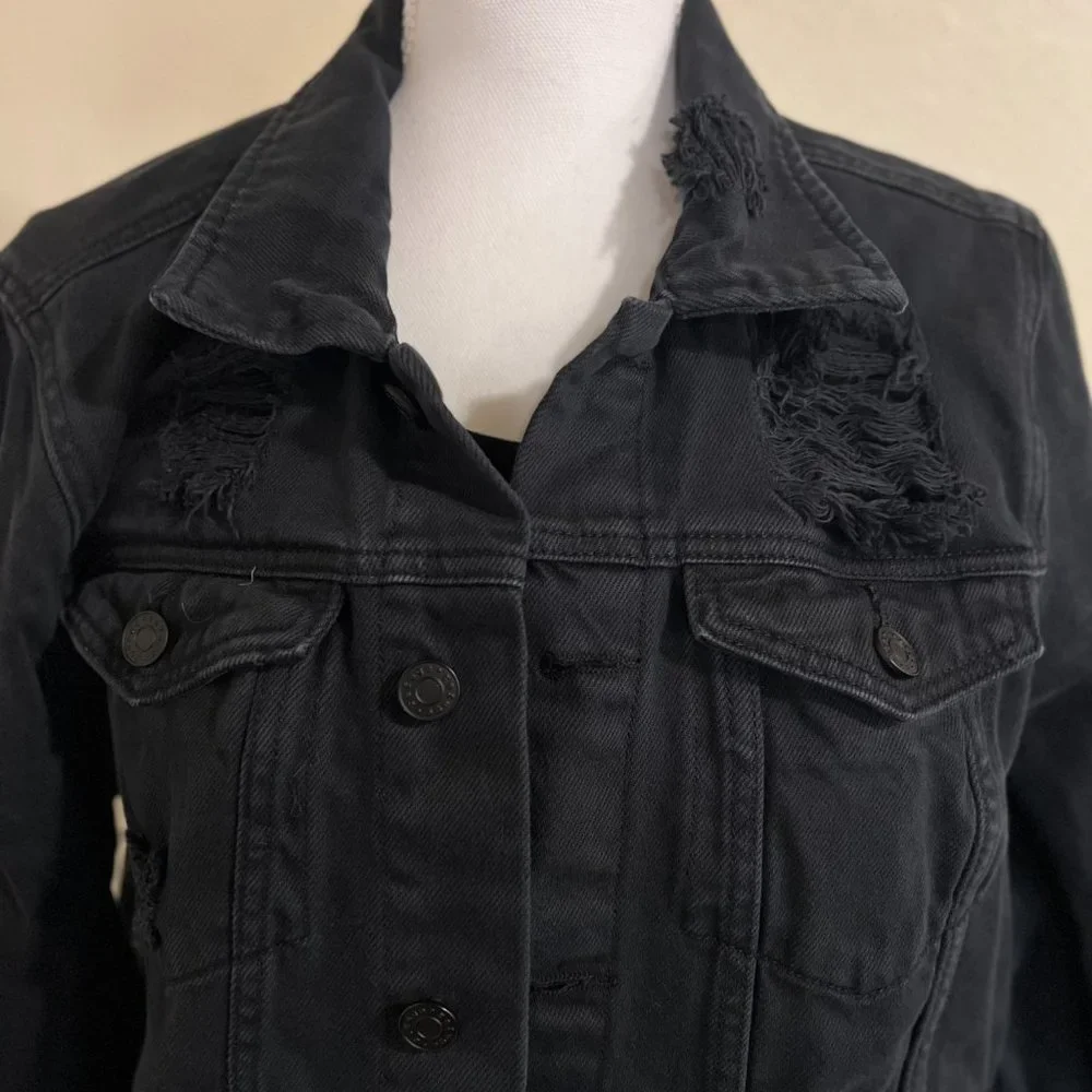 Unisex Black Refuge Distressed Jean Jacket Size Large - Picture 2 of 13